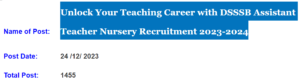 DSSSB Assistant Teacher Nursery Recruitment 2023-2024